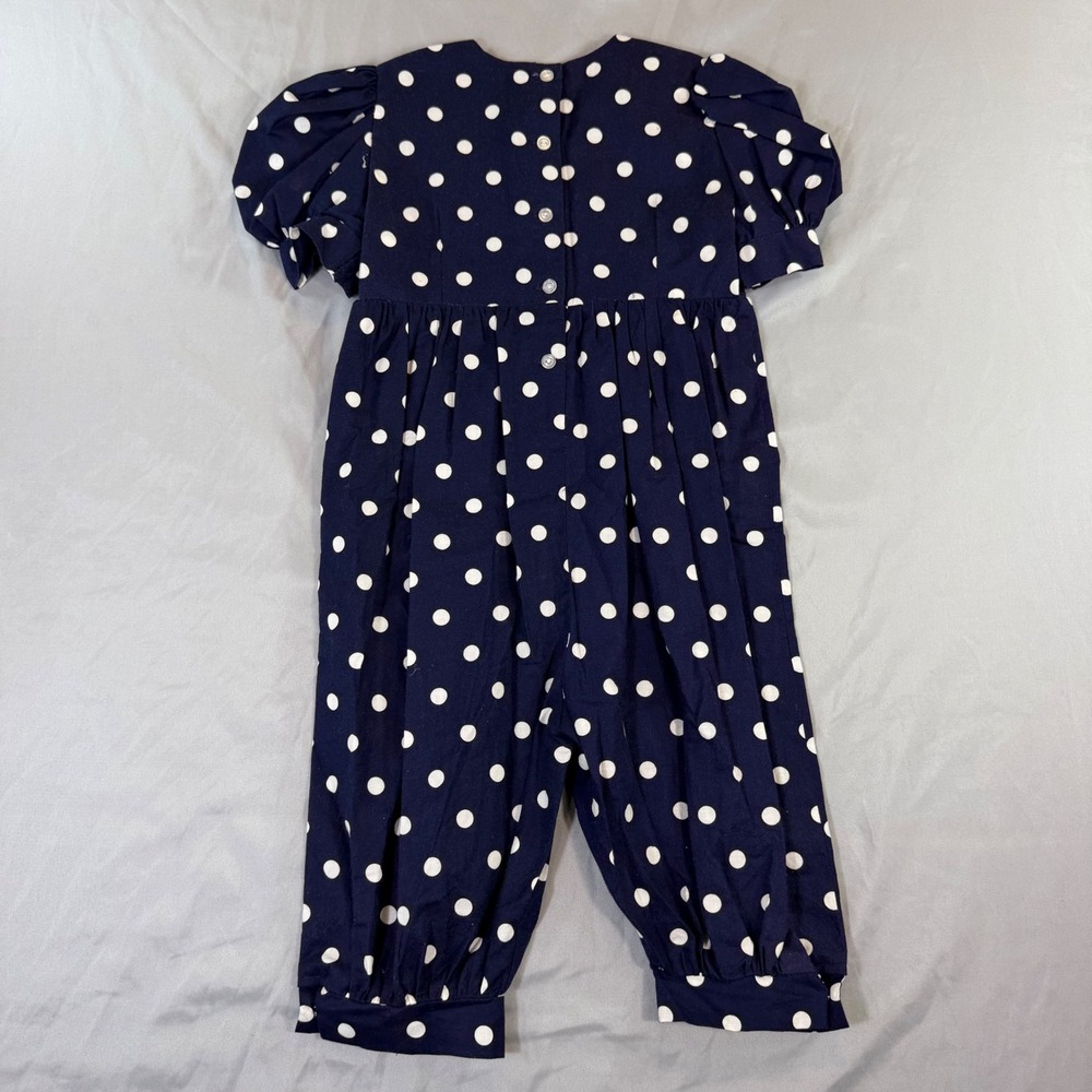 Vintage Helen's Navy Polka Dot Jumpsuit Kids Puff Balloon Sleeve USA 80s Retro - Picture 8 of 9